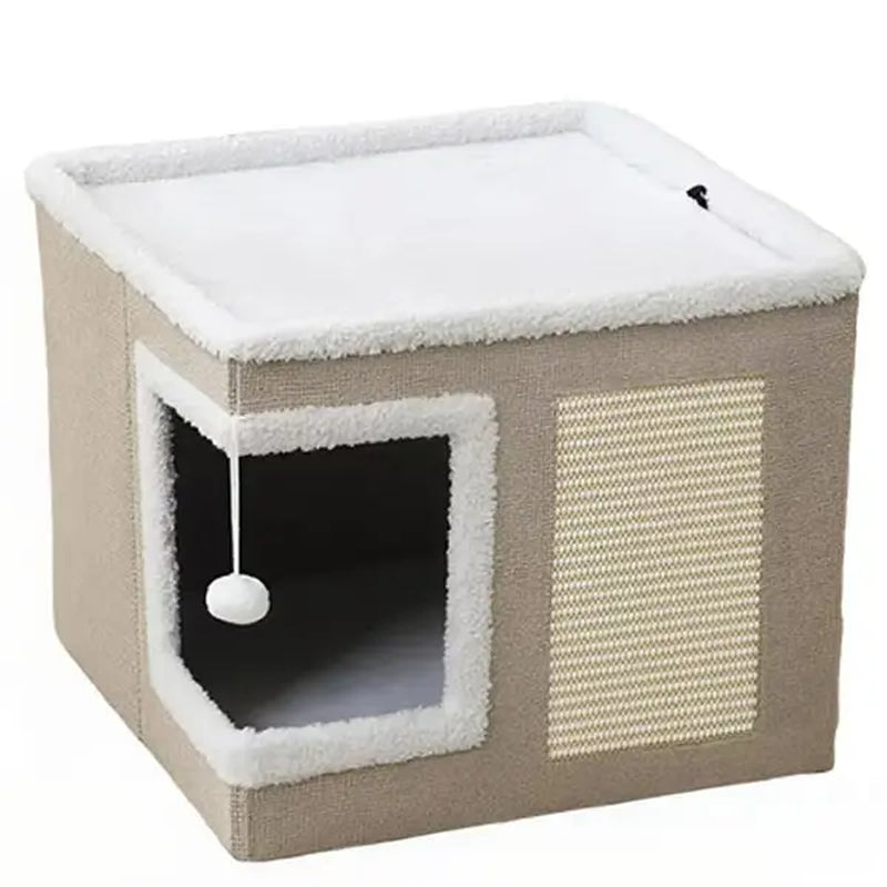 Large Soft Plush Cat Bed for Indoor Cats - 16.5" Cozy Space, 14" Tall Hideaway, Foldable Storage, Sisal Scratch Pad, Hanging Fluffy Ball, Stable Nonslip Base, 16.5"X16.5"X14" Grey, 44 Lbs Max Weight Capacity for Resting & Playing