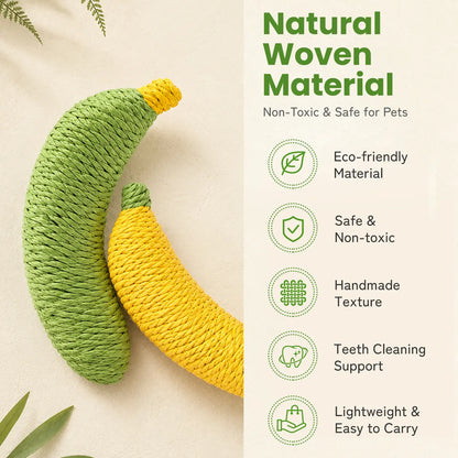 Sisal Fruit Interactive Cat Chewing Toy - 40G, Compact, Carryable, Cute Banana Design, Textured for Biting, Batting, Scratching, Indoor Play (Yellow/Green)