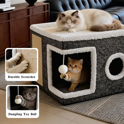 Large Soft Plush Cat Bed for Indoor Cats - 16.5" Cozy Space, 14" Tall Hideaway, Foldable Storage, Sisal Scratch Pad, Hanging Fluffy Ball, Stable Nonslip Base, 16.5"X16.5"X14" Grey, 44 Lbs Max Weight Capacity for Resting & Playing