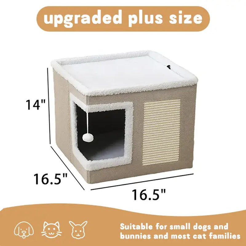 Large Soft Plush Cat Bed for Indoor Cats - 16.5" Cozy Space, 14" Tall Hideaway, Foldable Storage, Sisal Scratch Pad, Hanging Fluffy Ball, Stable Nonslip Base, 16.5"X16.5"X14" Grey, 44 Lbs Max Weight Capacity for Resting & Playing