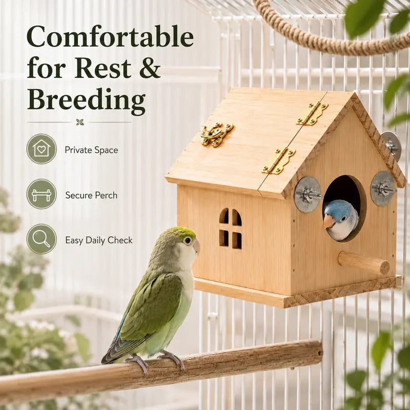 Natural Wood Small Bird House, Fully Assembled Hanging Nesting Box with Hinged Flip-Top Roof & Safe Privacy Design for Bird Cages, Outdoor Use, Budgies Etc., Wood Shavings Not Included