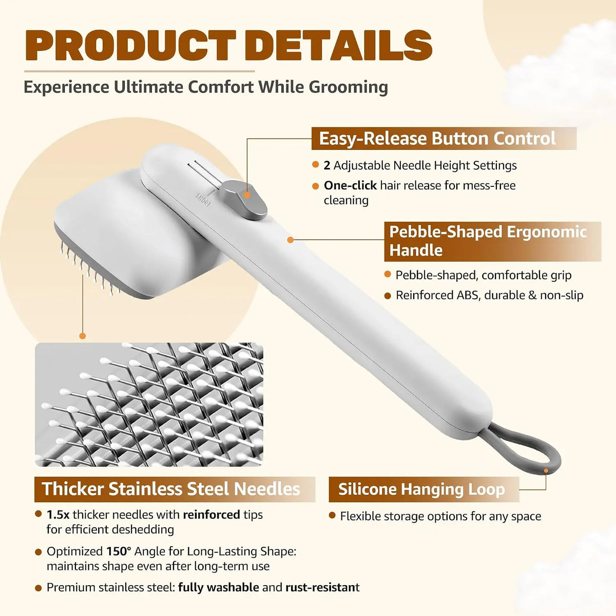 Dog & Cat Self-Cleaning Deshedding Slicker Comb - 1-Click Release Shedding Grooming Brush for Shed Control, Easy Clean, No Hair Picking
