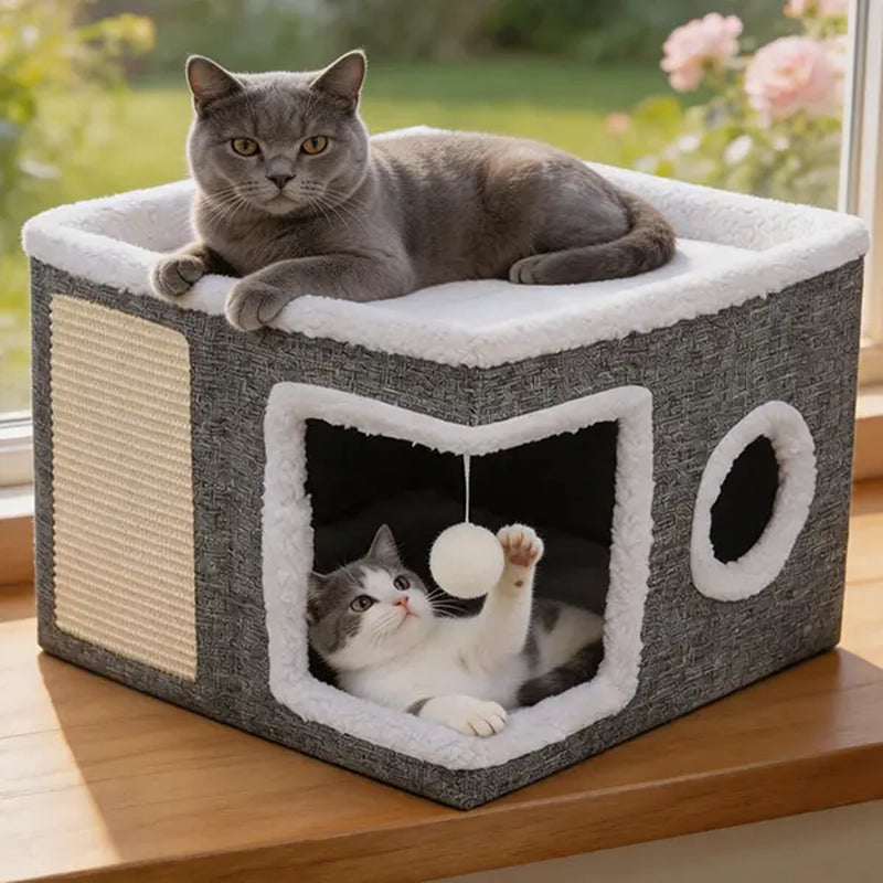 Large Soft Plush Cat Bed for Indoor Cats - 16.5" Cozy Space, 14" Tall Hideaway, Foldable Storage, Sisal Scratch Pad, Hanging Fluffy Ball, Stable Nonslip Base, 16.5"X16.5"X14" Grey, 44 Lbs Max Weight Capacity for Resting & Playing