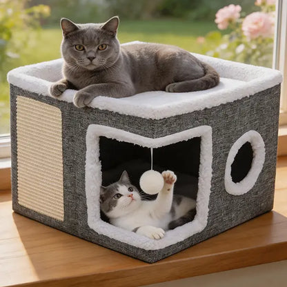 Large Soft Plush Cat Bed for Indoor Cats - 16.5" Cozy Space, 14" Tall Hideaway, Foldable Storage, Sisal Scratch Pad, Hanging Fluffy Ball, Stable Nonslip Base, 16.5"X16.5"X14" Grey, 44 Lbs Max Weight Capacity for Resting & Playing