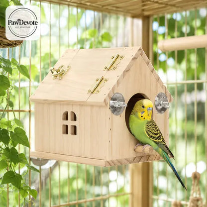Natural Wood Small Bird House, Fully Assembled Hanging Nesting Box with Hinged Flip-Top Roof & Safe Privacy Design for Bird Cages, Outdoor Use, Budgies Etc., Wood Shavings Not Included
