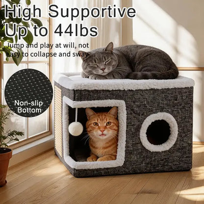 Large Soft Plush Cat Bed for Indoor Cats - 16.5" Cozy Space, 14" Tall Hideaway, Foldable Storage, Sisal Scratch Pad, Hanging Fluffy Ball, Stable Nonslip Base, 16.5"X16.5"X14" Grey, 44 Lbs Max Weight Capacity for Resting & Playing
