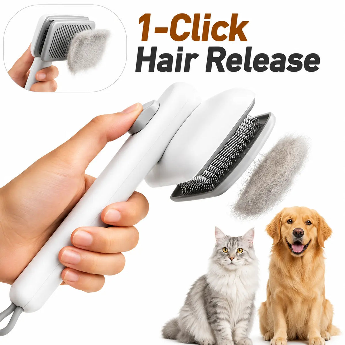 Dog & Cat Self-Cleaning Deshedding Slicker Comb - 1-Click Release Shedding Grooming Brush for Shed Control, Easy Clean, No Hair Picking