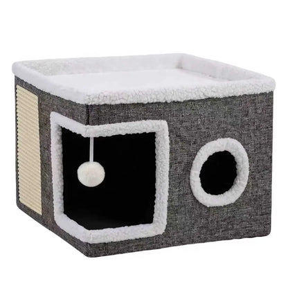 Large Soft Plush Cat Bed for Indoor Cats - 16.5" Cozy Space, 14" Tall Hideaway, Foldable Storage, Sisal Scratch Pad, Hanging Fluffy Ball, Stable Nonslip Base, 16.5"X16.5"X14" Grey, 44 Lbs Max Weight Capacity for Resting & Playing