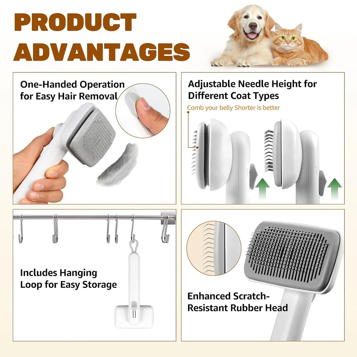 Dog & Cat Self-Cleaning Deshedding Slicker Comb - 1-Click Release Shedding Grooming Brush for Shed Control, Easy Clean, No Hair Picking