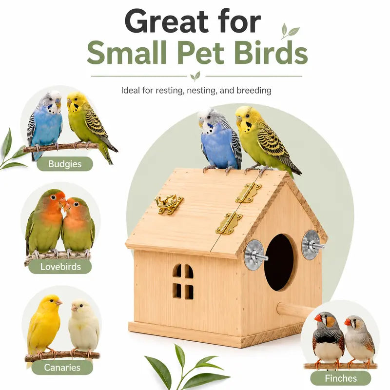 Natural Wood Small Bird House, Fully Assembled Hanging Nesting Box with Hinged Flip-Top Roof & Safe Privacy Design for Bird Cages, Outdoor Use, Budgies Etc., Wood Shavings Not Included