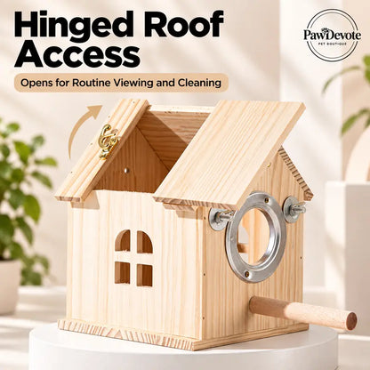 Natural Wood Small Bird House, Fully Assembled Hanging Nesting Box with Hinged Flip-Top Roof & Safe Privacy Design for Bird Cages, Outdoor Use, Budgies Etc., Wood Shavings Not Included