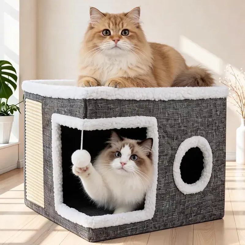 Large Soft Plush Cat Bed for Indoor Cats - 16.5" Cozy Space, 14" Tall Hideaway, Foldable Storage, Sisal Scratch Pad, Hanging Fluffy Ball, Stable Nonslip Base, 16.5"X16.5"X14" Grey, 44 Lbs Max Weight Capacity for Resting & Playing