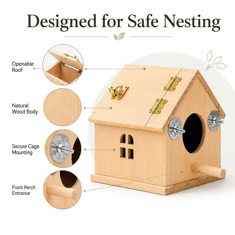 Natural Wood Small Bird House, Fully Assembled Hanging Nesting Box with Hinged Flip-Top Roof & Safe Privacy Design for Bird Cages, Outdoor Use, Budgies Etc., Wood Shavings Not Included
