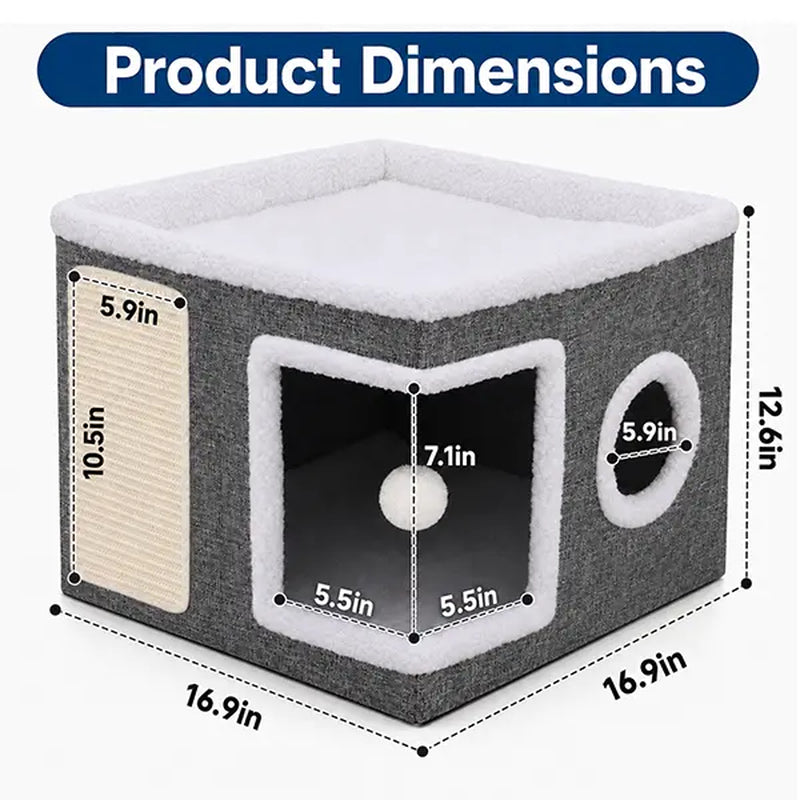 Large Soft Plush Cat Bed for Indoor Cats - 16.5" Cozy Space, 14" Tall Hideaway, Foldable Storage, Sisal Scratch Pad, Hanging Fluffy Ball, Stable Nonslip Base, 16.5"X16.5"X14" Grey, 44 Lbs Max Weight Capacity for Resting & Playing