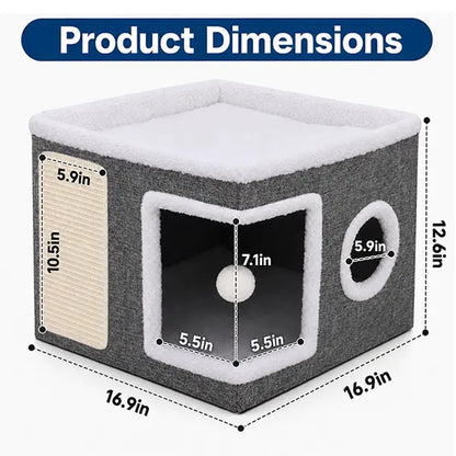 Large Soft Plush Cat Bed for Indoor Cats - 16.5" Cozy Space, 14" Tall Hideaway, Foldable Storage, Sisal Scratch Pad, Hanging Fluffy Ball, Stable Nonslip Base, 16.5"X16.5"X14" Grey, 44 Lbs Max Weight Capacity for Resting & Playing