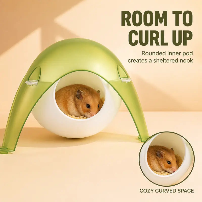 TUFFYUKI Plastic Hamster Hideout House for Cages, Translucent Easy-To-Observe Space Pod with Wide Entrance, Curved Cozy Shelter, Stable Anti-Slip Feet, Small Animal Habitat Accessory for Dwarf/Syrian Hamsters