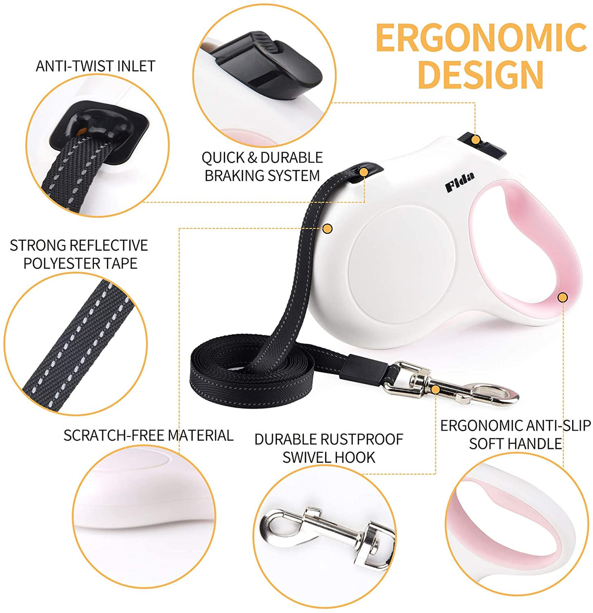 Premium 10ft Retractable Dog Leash with Poop Bag Dispenser – Perfect for X-Small Dogs and Cats, Stylish White & Pink Design