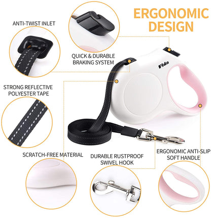 Premium 10ft Retractable Dog Leash with Poop Bag Dispenser – Perfect for X-Small Dogs and Cats, Stylish White & Pink Design