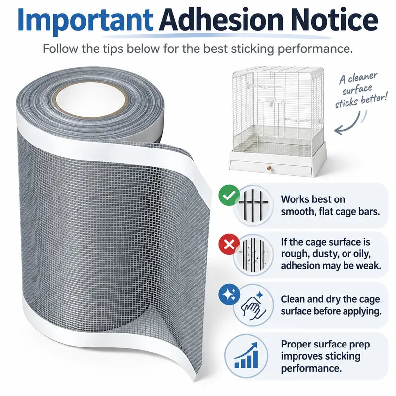 Bird Cage Seed Guard Mesh Tape, Self-Adhesive PP Mesh for Small-Medium Birds, Clean Floors & Contain Debris