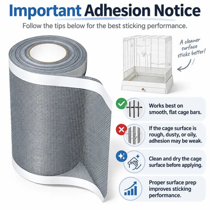 Bird Cage Seed Guard Mesh Tape, Self-Adhesive PP Mesh for Small-Medium Birds, Clean Floors & Contain Debris