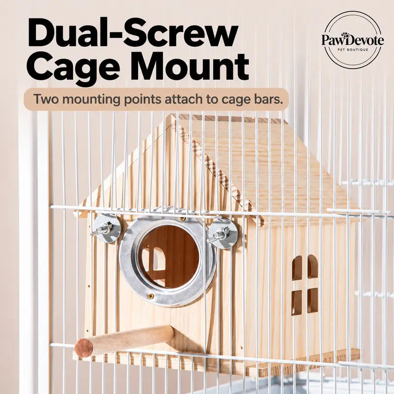 Natural Wood Small Bird House, Fully Assembled Hanging Nesting Box with Hinged Flip-Top Roof & Safe Privacy Design for Bird Cages, Outdoor Use, Budgies Etc., Wood Shavings Not Included