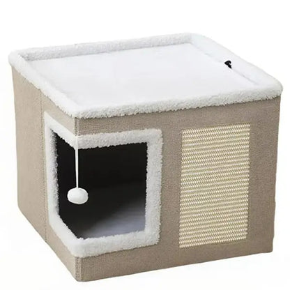 Large Soft Plush Cat Bed for Indoor Cats - 16.5" Cozy Space, 14" Tall Hideaway, Foldable Storage, Sisal Scratch Pad, Hanging Fluffy Ball, Stable Nonslip Base, 16.5"X16.5"X14" Grey, 44 Lbs Max Weight Capacity for Resting & Playing