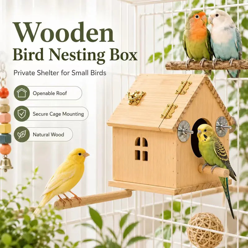 Natural Wood Small Bird House, Fully Assembled Hanging Nesting Box with Hinged Flip-Top Roof & Safe Privacy Design for Bird Cages, Outdoor Use, Budgies Etc., Wood Shavings Not Included
